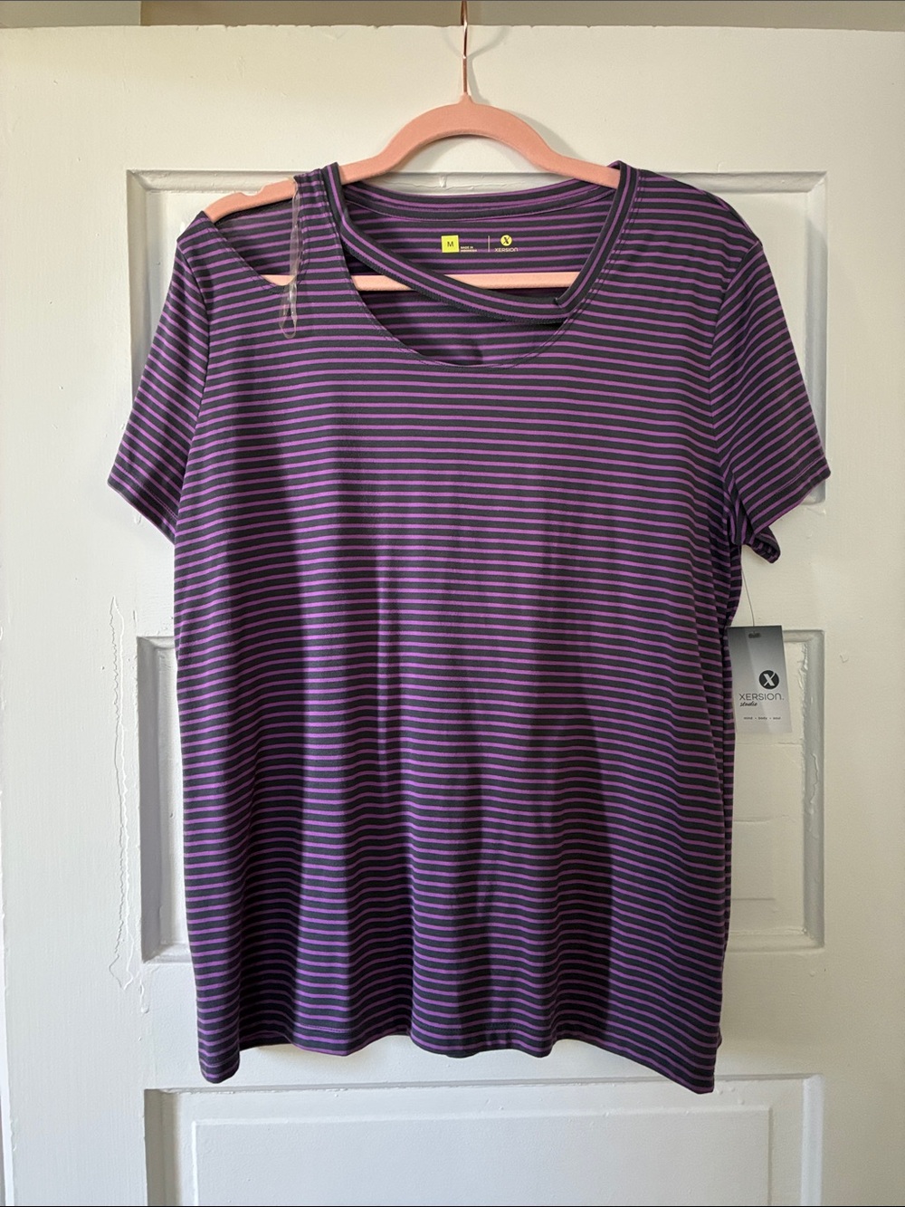 NWT Xersion Studio T Shirt sized M w/purple & Black stripes